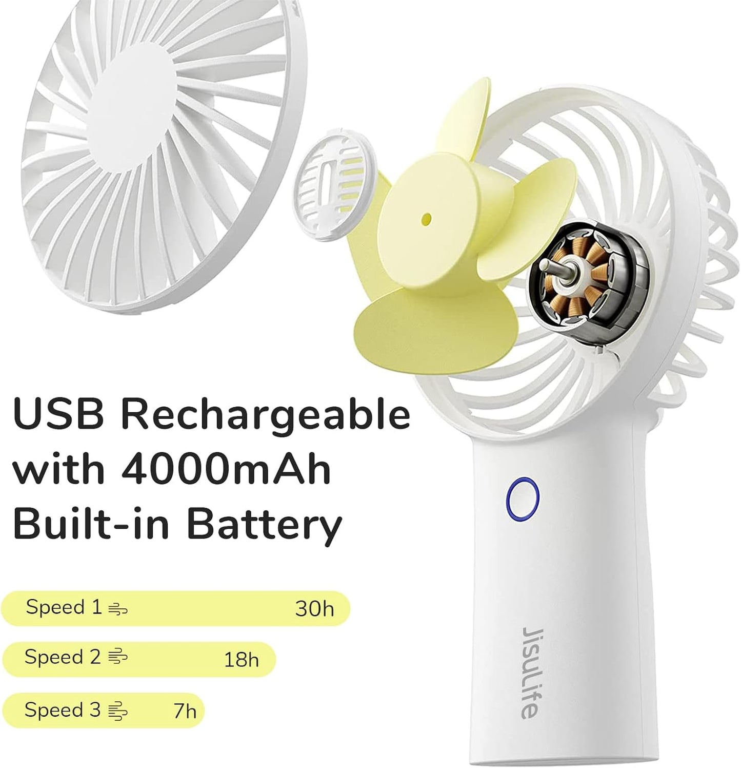 Handheld Fan [20H Max Cooling Time] 4000Mah USB Rechargeable, Battery Operated Portable Fan with 3 Speeds for Travel/Makeup/Office-White