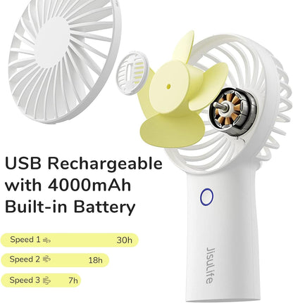 Handheld Fan [20H Max Cooling Time] 4000Mah USB Rechargeable, Battery Operated Portable Fan with 3 Speeds for Travel/Makeup/Office-White